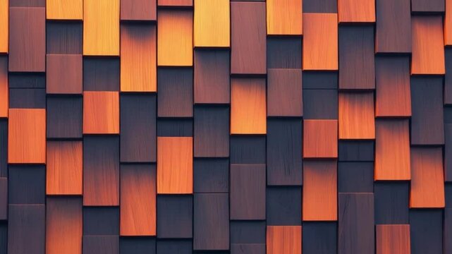 A vibrant wooden wall featuring a patchwork of orange and brown panels in a modern setting