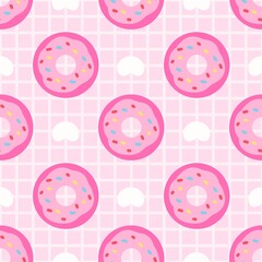 Cute pink donut pattern with colorful sprinkles on pastel grid background. Kawaii and sweet design for kids, fabric, or dessert-themed projects.