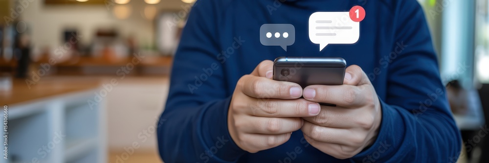 Poster close-up of hands holding a smartphone with messages displayed.