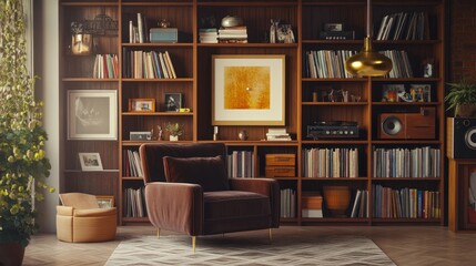 Cozy, well-lit home library with bookshelves, armchair, and decor