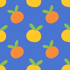 Bright orange and yellow fruit pattern on blue. Ideal for summer, food, kids, or playful designs. Fresh, cheerful, and vibrant for various products.