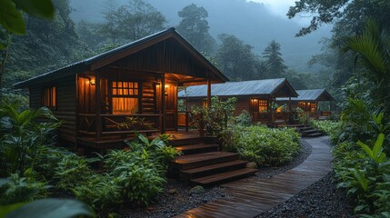 Wooden Cabins in Rainforest at Dusk
