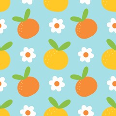 Bright orange and yellow fruit pattern on blue. Ideal for summer, food, kids, or playful designs. Fresh, cheerful, and vibrant for various products.