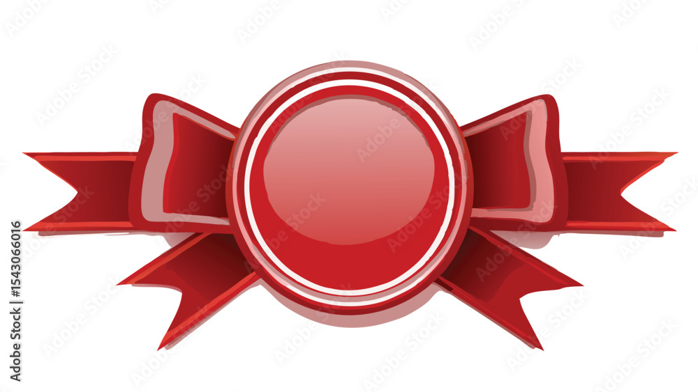 Poster a red badge with a blank circle in the middle and a red ribbon on both sides on a white background