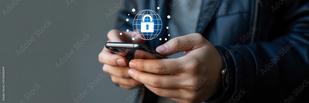 Aufkleber close-up of hands holding a smartphone with a security lock icon displayed.