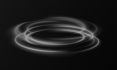 Abstract white light speed lines neon rings glowing circles movement on black background vector illustration. .White light effect. PNG.
