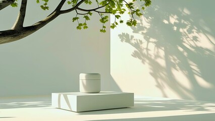 Product Display Template with Tree Branch Shadow and Natural Sunlight Copyspace – AI Generated