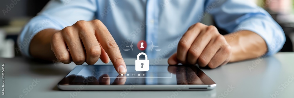 Aufkleber person interacting with a digital tablet displaying a security lock icon.