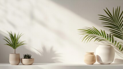Obraz premium Minimalistic decor with green houseplants in white pots on table and sunlit wall shadows