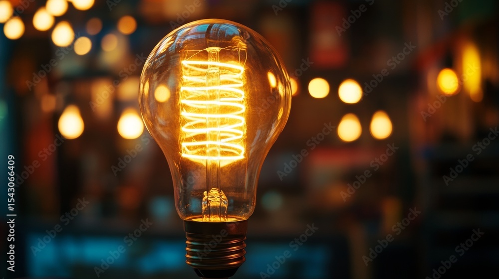 Aufkleber retro lightbulb glowing with tungsten filament and warm bokeh lights in industrial background