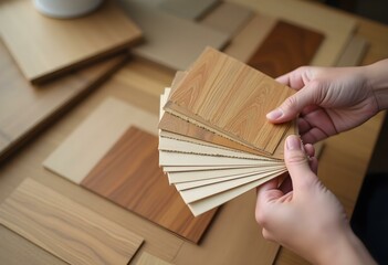 Comparing various wood grain veneer samples for cabinet design | Hands holding different shades of wood flooring swatches | Choosing natural material texture for interior decoration projects 