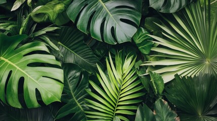 Tropical green leaves monstera and palm close up natural botanical background for design
