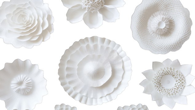 Nine white paper flowers, various styles