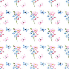 Seamless floral pattern minimalist repeating background with watercolor flower and leaf bouquets. Fabric wallpaper print texture. Perfectly for backdrop, wrapped paper.