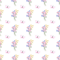 Seamless floral pattern minimalist repeating background with watercolor flower and leaf bouquets. Fabric wallpaper print texture. Perfectly for backdrop, wrapped paper.