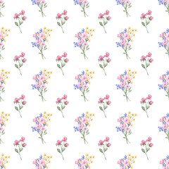 Seamless floral pattern minimalist repeating background with watercolor flower and leaf bouquets. Fabric wallpaper print texture. Perfectly for backdrop, wrapped paper.