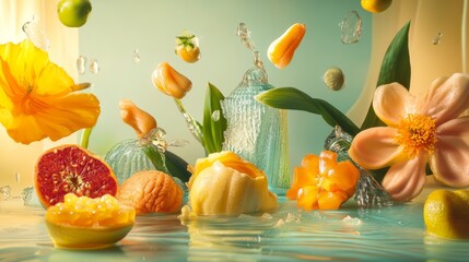 Juicy citrus fruits and flowers in water splash on yellow background for summer freshness theme