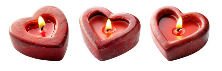Set of Heart shaped red candle burning with small flame isolated on white transparent background. Symbol of love, romance, and serenity