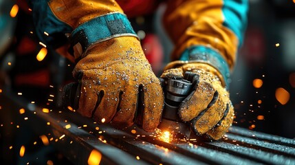 Worker in protective gear grinds metal, sparks fly in a factory