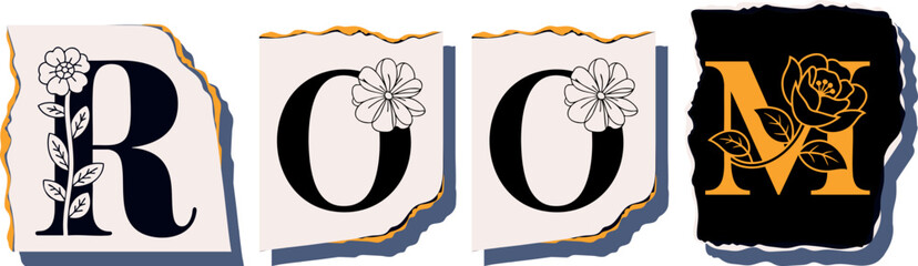 ROOM Floral Typography of a Concept Word � Elegant Torn Paper Letter Design