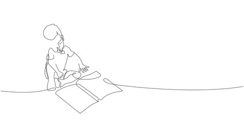 Continuous one line drawing with boy reading open books. Vector single line illustration of children reading book.