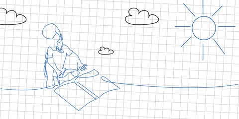 Continuous one line drawing with boy reading open books. Vector single line illustration of children reading book on a notebook background