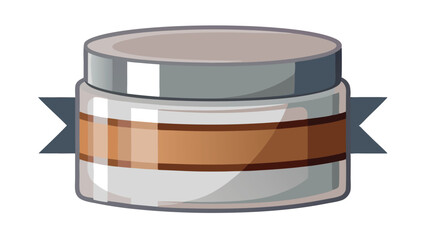 Illustration of a round jar with a gray lid and a brown label wrapped with a dark gray ribbon