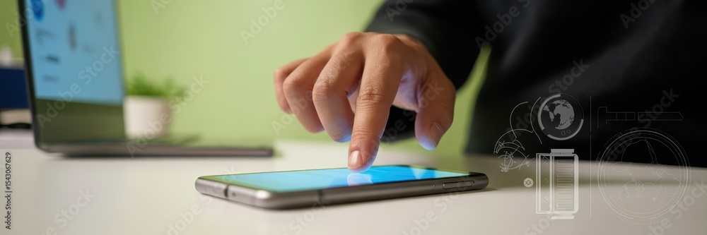 Poster a person uses a smartphone with technological graphics in the background.