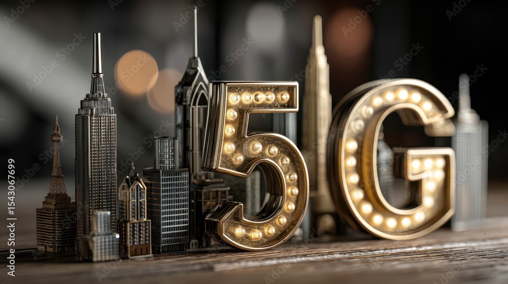 Poster a digital image of a city with 5g network wireless systems and internet of things concept