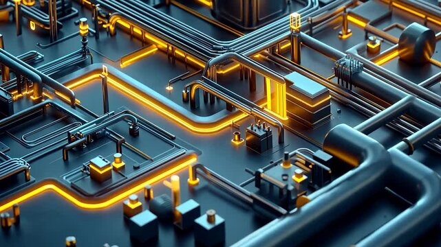 Abstract 3D rendering of complex network of dark grey pipes and glowing orange lines