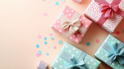 Obraz premium Colorful polka dot gift boxes with matching ribbons and scattered confetti on a light background, evoking celebration and festive vibes.