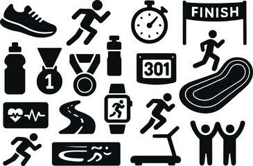Black silhouette icon set for Global Running Day. Includes solid black icons of running shoes, runners in motion, stopwatch, finish line, water bottle, medal, race bib, running track, heartbeat monito