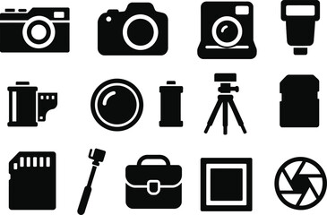 Black silhouette icon set for National Camera Day. Includes solid black icons of vintage cameras, DSLR camera, instant camera, film roll, camera lens, tripod, camera flash, memory card, selfie stick, 