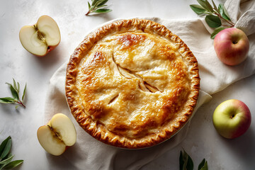 homemade apple pie with golden crust on a linen napkin surrounded by fresh apples
