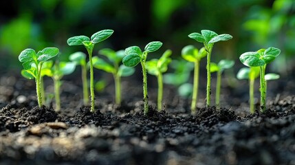 Young sprouts emerging from dark soil, lush green leaves, natural light