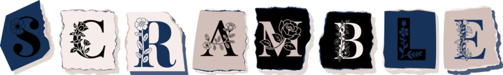 SCRAMBLE Floral Typography of a Concept Word � Elegant Torn Paper Letter Design