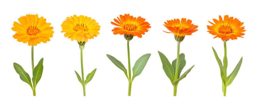Pack Collection Calendula Flowers Orange and Yellow Blooms Botanical Illustration set against transparent background