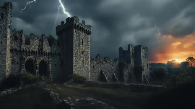 Dramatic Lightning Strikes Over Ancient Castle Ruins at Dusk Video Footage