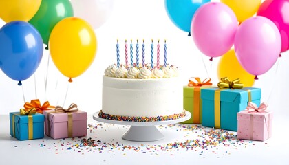 Delicious birthday cake with colorful balloons and presents