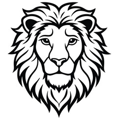 Strong lion head displays symmetrical outline drawing of fierce majestic mane and face