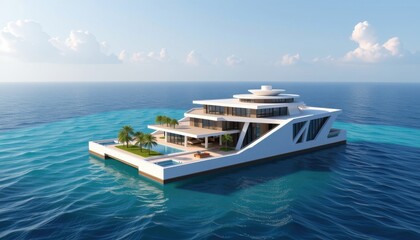 Obraz premium ultra high resolution, 8k, 300 dpi, sharp focus on every corner, hyper realistic, photorealistic, professional architectural visualization, luxurious floating sea house, eco friendly modern villa