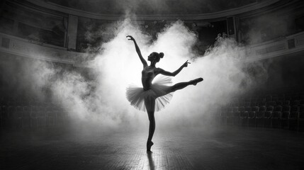 A ballerina in a tutu dances in a theater, her arms gracefully raised.