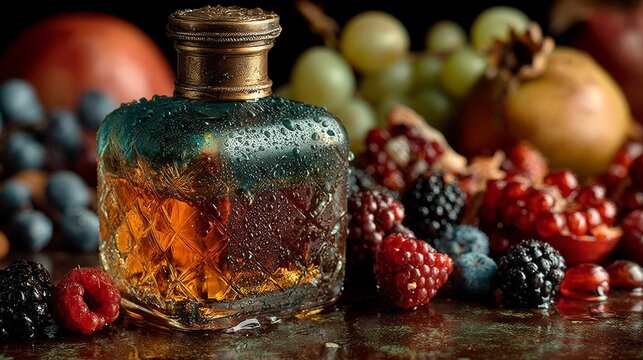 Vintage bottle with fruit and berries for rustic drink herbal elixir healthy organic background