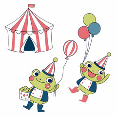 An adorable Frogs with a Playful vibe, wearing rain boots, and a Big Top Brights Circus Carnival theme &ndash; SVG style