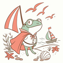 Delightful Amused Frogs in a Beach day scene with wearing a cape – Ocean Breeze vector illustration