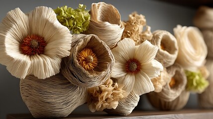a decorative arrangement composed primarily of stylized paper blooms is the focal point