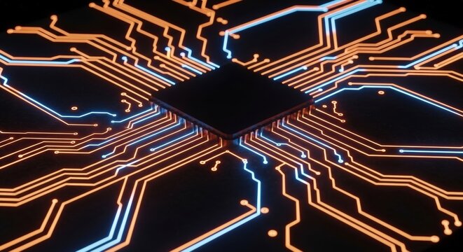 Illuminated Circuit Board with Orange and Blue Lines on Black Background
