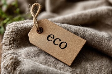 Eco-themed label tag made of cardboard placed on soft linen fabric with blurred green background ideal for sustainable fashion branding, organic textiles and minimal eco product packaging