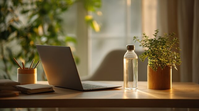 Eco-conscious workspace with laptop, glass water bottle and potted plant on wooden desk in morning light ideal for green office lifestyle, sustainable productivity and ethical work environments - Powered by Adobe