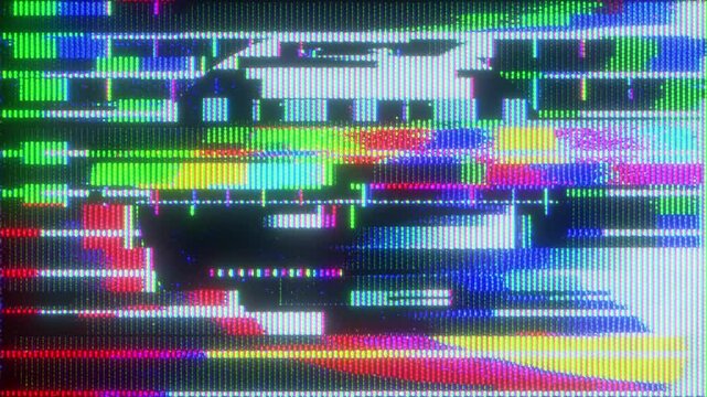 4K Glitch transition with multicolor digital fragmentation, CRT scanlines and pixel tearing, analog VHS-style interference, part of a curated glitch overlay collection for motion graphics, screen mode